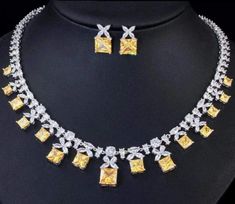 Princess Cut Yellow Citrine CZ Necklace Jewelry Set - 3DVanity.com Chakra Stones Jewelry, Beautiful Bridal Jewelry, Wedding Necklace Set, Earrings Necklace Set, Evening Jewelry, Set Bracelet, Silver Necklace Set, Necklace Swarovski, Swarovski Crystal Necklace