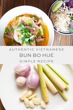 an image of some food on a plate with chopsticks next to it and the words authentic vietnamese bun bo hue simple recipe