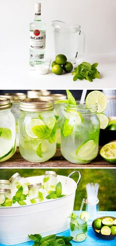 limeade in mason jars with lemons and mint leaves on the table next to them