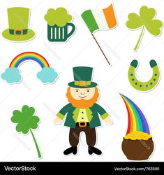 st patrick's day stickers with lepreite, pot and rainbows