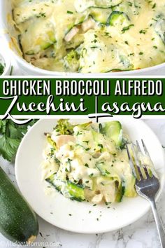 chicken broccoli alfredo with zucchini lasagna on a white plate