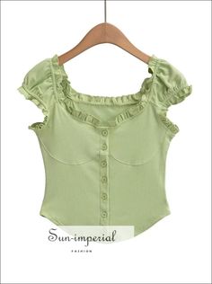 Women’s Off The Shoulder Short Sleeve Buttoned Cropped Top With Trimmed Frill Detail Sun-Imperial United States Green Tops With Button Closure For Summer, Spring Stretch Tops With Buttons, Fitted Spring Tops With Buttons, Fitted Tops With Buttons For Spring, Fitted Button Tops For Spring, Stretch Summer Tops With Buttons, Stretch Tops With Buttons For Summer, Summer Stretch Tops With Buttons, Green Stretch Tops With Buttons