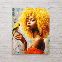 a painting of a woman with yellow hair and a bird on her hand, in front of a brick wall