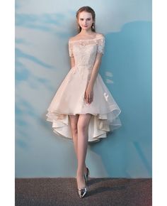 Shop Champagne Lace Off Shoulder Wedding Party Dress High Low online. All instock with free shipping. Pro since 2009. Dress High Low, Tulle Party Dress, Wedding Dress Organza, Homecoming Party, Gaun Fashion, Best Prom Dresses, 파티 드레스, Wedding Party Dress, Short Homecoming Dress