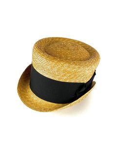 Straw topper hat in pork pie style.Made with very fine 5/6 millimeter natural straw braid. Adorned with an excellent 70 millimeters wide black grosgrain ribbon and finished with a beautiful bow to the right of the hatYou can choose the color of the grosgrain ribbon from our color chart.The high-quality of the material provides the flexibility, lightness and resistance that this elegant hat deserves.Measurements in centimeters are 28 x 21. Crown height 11,5. These measurements may have some sligh Toquilla Straw High Crown Hat For Summer, High Crown Toquilla Straw Hat For Summer, Gold Boater Hat With Short Brim For Summer, Classic Brimmed Top Hat For Spring, Summer Straw Hat With High Crown, Summer High Crown Straw Hat, Natural High Crown Straw Hat For Summer, Formal Straw Boater Hat With Curved Brim, Classic Brimmed Summer Top Hat