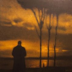 a painting of a man standing in front of trees with the sun setting behind him