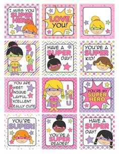 the super hero girl stickers are shown in pink, yellow and purple colors with different phrases