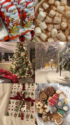 a collage of christmas treats, cookies and other holiday treats on a table in the snow