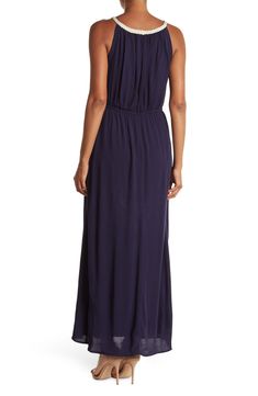 This vacation-ready maxi dress features a gold-tone braided cord neckline and comfortable elasticized waist for flattering feminine style. . Scoop neck with braided trim. Sleeveless. Slips on over head. Elasticized waist. Woven construction. Fully lined. Approx. 58" length (size S). Imported Machine wash cold Shell: 100% rayon Lining: 100% polyester Viscose Halter Neck Maxi Dress, Casual Sleeveless Maxi Dress With Elastic Waistband, Sleeveless Rayon Maxi Dress For Vacation, Flowy Sleeveless Viscose Maxi Dress, Sleeveless Beach Maxi Dress With Elastic Waistband, Sleeveless Maxi Dress With Elastic Waistband For Beach, Vacation Sleeveless Maxi Dress With Elastic Waistband, Sleeveless Maxi Dress With Elastic Waistband For Vacation, Casual Rayon Maxi Dress With Elastic Waistband