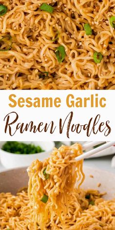 sesame garlic ramen noodles in a pan with chopsticks