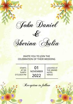 a wedding card with flowers and leaves on the front, in yellow and green colors