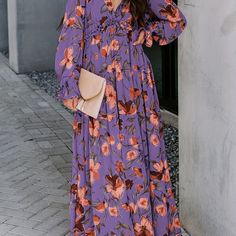 Floral Print Pleated Dress, Vacation V Neck Long Sleeve Maxi Dress, Women's Clothing Pink-S(4) Print Pleated Dress, Romantic Floral Print, Dress Vacation, Dark Violet, Flowy Design, Flowy Maxi Dress, Pleated Maxi Dress, Floral Print Maxi Dress, Floral Print Maxi