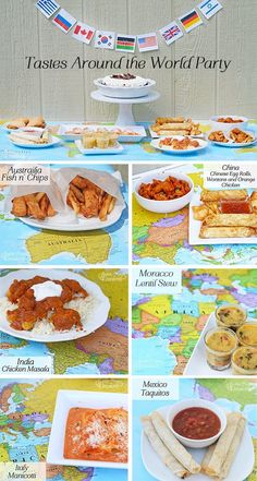 a table topped with lots of food and plates filled with different types of food on top of a map