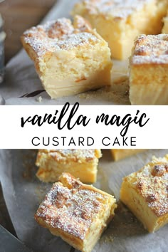 vanilla magic custard cake is cut into squares and placed on a piece of parchment paper