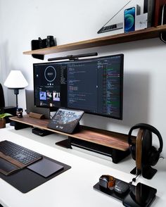 a desk with a computer monitor, keyboard and mouse