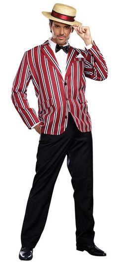 a man in a red and white striped suit is posing for the camera with his hands on his hips