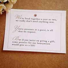 a wedding card with the words we've lived together a year or two, we really don't need anything new