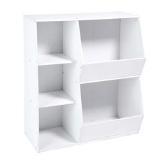 a white bookcase with three shelves on each side