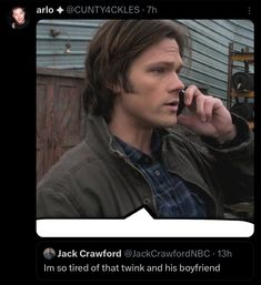 a man talking on a cell phone while wearing a brown jacket and plaid shirt with the caption jack craford @ jackcrawford @ ca