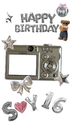 a digital camera with balloons, stars and numbers on the side that says happy birthday