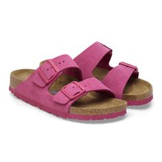 Arizona Soft Footbed Suede Leather Fuchsia Tulip | BIRKENSTOCK Comfortable Pink Footbed Sandals With Textured Footbed, Comfortable Pink Footbed Sandals With Textured Sole, Comfortable Pink Textured Footbed Sandals, Pink Cushioned Slide Footbed Sandals, Pink Slide Footbed Sandals With Cushioned Footbed, Pink Flat Slides With Removable Insole, Comfortable Pink Sandals With Arch Support, Pink Leather Footbed Sandals With Removable Insole, Pink Round Toe Footbed Sandals With Textured Footbed