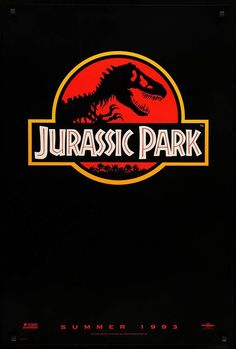 a black poster with the words jurasic park in red and yellow on it