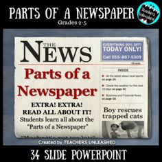 the news paper is displayed with an image of a boy on it and text that reads, parts of a newspaper grade 3 - 5