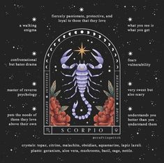 the zodiac sign for scorpio is shown on a black background with stars and flowers