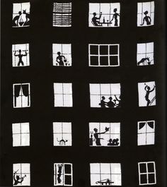 black and white image of people looking out the window at each other in silhouettes