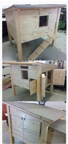 three different views of a table made out of wooden pallets and plywood boards