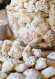 sprinkle covered cookies in a glass bowl with the words cake batter on it