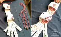 two pictures showing how to make a paper mache woman with scissors and string on it