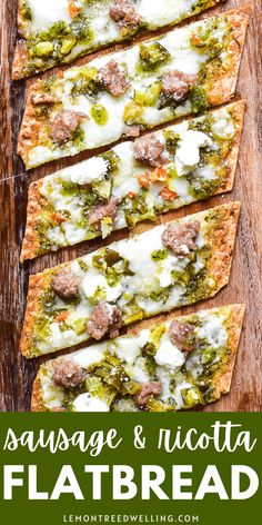 sausage and ricotta flatbread pizza with broccoli, cheese and pesto on top