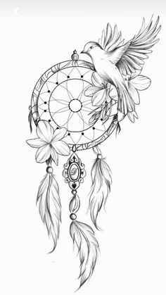 a black and white drawing of a bird flying with a dream catcher on it's back