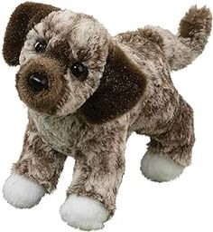 a brown and white dog stuffed animal on a white background