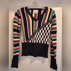 Brand New/In Perfect Condition- Multi-Colored Striped/Black & White Checkered/Solid Black V-Neck Sweater With Silver Fashionable/Functional Zipper- Long Black Ribbed Cuffs & Waist- Made In Hong Kong- Bust Measures 16"(Armpit To Armpit) -- This Is Truly A Beautiful Sweater-- From My Personal Closet Retro Multicolor V-neck Sweater, Multicolor Retro V-neck Sweater, Black V Neck Sweater, Black White Checkered, Personal Closet, Beautiful Sweater, Knitting Ideas, Sweater Making, Black Rib