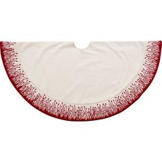 a white and red table cloth with fringes on the edge, in front of a white background