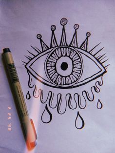 a drawing of an eye with drops of water coming out of it and a pen next to it