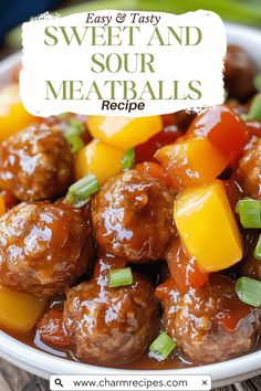 sweet and sour meatballs recipe in a white bowl on a wooden table with text overlay