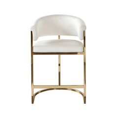 a white chair with gold frame and leather upholstered on the back, against a white background