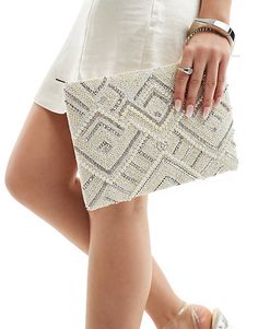 ASOS DESIGN diamond beaded zip top clutch bag in white | ASOS Embellished White Clutch Evening Bag, Glamorous White Embellished Clutch, Glamorous White Beaded Evening Bag, White Embellished Clutch For Events, White Beaded Clutch, To Have And To Hold, Holiday Dress Outfit, Skirt Co Ord, Reclaimed Vintage