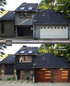 before and after shots of a house with wood garage doors, windows, and roof