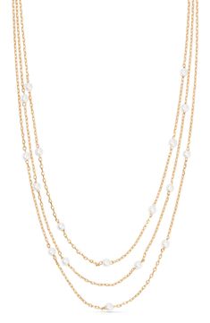 Imitation pearl stations give a bubbly glow to a necklace that offers layered shine to your looks. 13 1/2" shortest length; 14 1/2" longest length; 5 1/2" extender Lobster clasp closure 18k-gold plate/imitation pearl Imported Station Necklace, A Necklace, Fabric Gift Bags, Keep Jewelry, Fabric Gifts, Free Fabric, Print Gifts, Capsule Wardrobe, Lobster Clasp