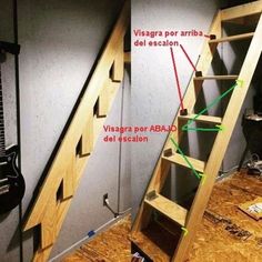 a wooden ladder with instructions on how to use it in a room that is under construction