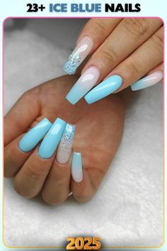 Coffin-shaped ice blue nails with glitter accents, offering a bold and vibrant style. Great for parties or making a strong fashion statement.