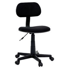 a black office chair with wheels on the back and seat upholstered to it