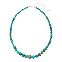 Jay King Red Skin Turquoise Graduated Bead Necklace  Can you say statement piece? Add this chunky piece with a little pizzazz to your wardrobe. From Jay King.       Necklace approx. 18-1/4"L x 7/16"W; 2-3/4" extender; fits 18-1/4" to 21" neck      Stamped .925      Necklace of graduated blue/green stabilized red skin turquoise nuggets strung on SoftFlex      Sterling silver hook closure      Polished finish   Stone Information       All sizes and weights approximate     Stabilized Blue/Green Red King Necklace, Jewelry King, Beading Wire, Turquoise Jewelry, Bead Necklace, Jay, Blue Green, Jewelry Design, Beaded Necklace