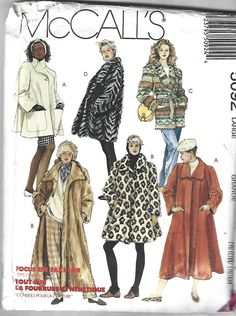 "McCall's 5092; ©1990;  \"Misses' Coat. Lined and Unlined Coats in Three Lengths. Views A and C: unlined. Views B and D: lined. Views A and B: tent shaped, front button. Views C and D: straight fitting, shawl collar. View C: tie belt, shawl collar.  Lined headband included.\" Pattern is uncut and in factory folds. Fits ~~ Large Sizes 18 - 20 Bust 40 - 42 Waist 32 - 34 Hip 42 - 44 Envelope corners creased, bottom corners have tears." Dress Coat Pattern Sewing, Issey Miyake Sewing Patterns, Pailin, Coat Pattern Sewing, Jacket Pattern Sewing, Vogue Sewing, Vogue Sewing Patterns, Vogue Pattern, Sewing Clothing