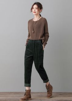 "★★DETAILS Cotton Corduroy Pants Two front pockets+two back pockets elastic waistband High waisted pants Wide leg pants Perfect for Spring, Autumn and winter Wash only in cold water and do not expose to direct sunlight. ★★ The model is 170 cm (5′ 7″) tall with a 80 cm (31.5\") bust, 66 cm (26\") waist. She is wearing the green corduroy pants in size XS. ★★ Please select custom order according to the follow situation Your height is not between 155 cm- 172 cm Your weight is over 75 kg Request the Green Corduroy Bottoms For Fall, Casual Green Corduroy Pants, Winter Corduroy Tapered Leg Bottoms, Winter Corduroy Tapered Leg Pants, Relaxed Fit Corduroy Ankle-length Pants, Relaxed Fit Ankle-length Corduroy Pants, Spring Ankle-length Corduroy Pants, Straight Corduroy Pants For Fall, Green Tapered Leg Winter Pants