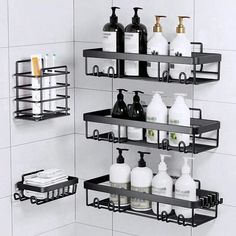 three tiered bathroom shelfs with soap, lotion and hand sanitizers